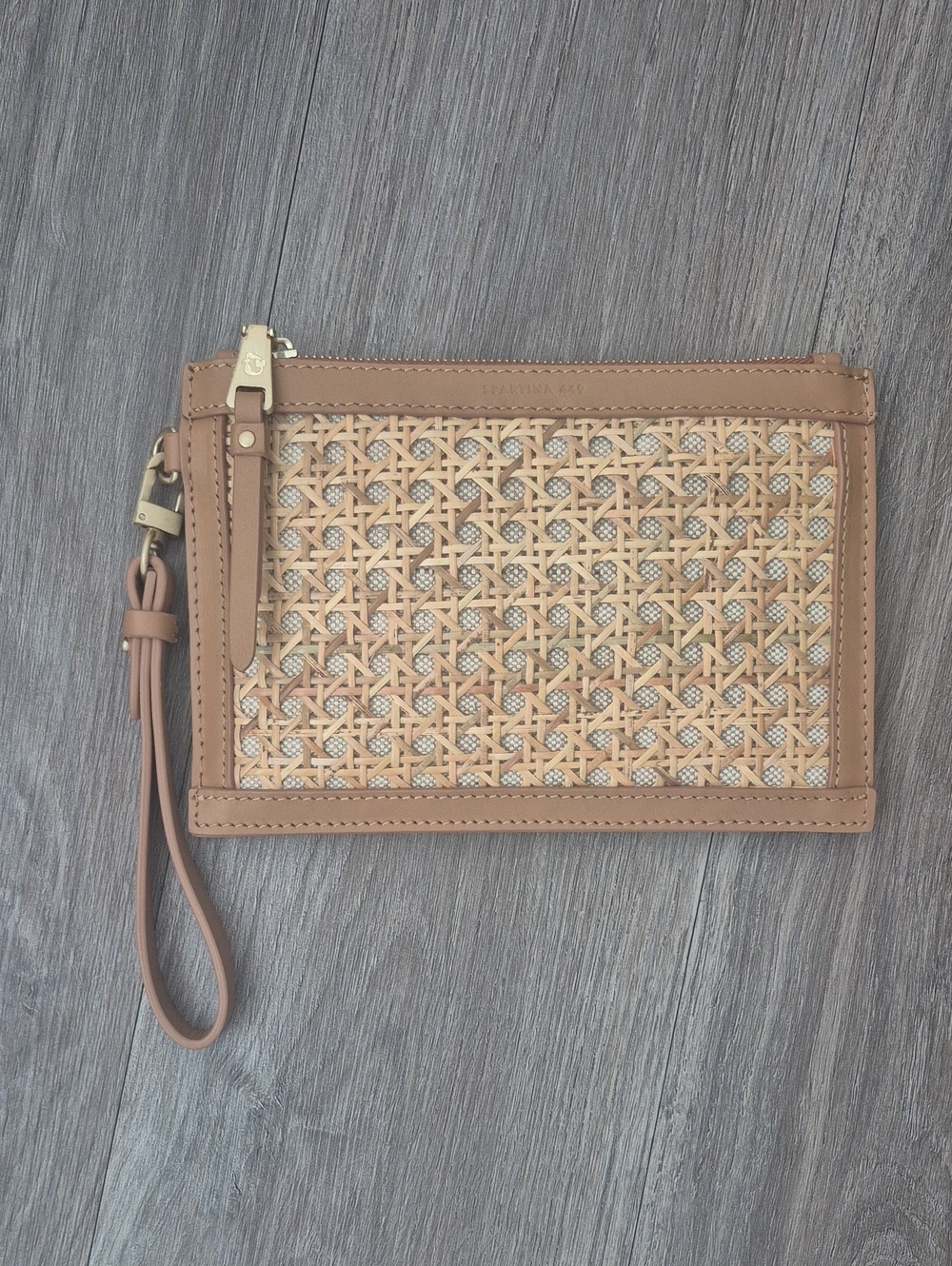 Spartina 449 Woven Straw and Leather Wristlet Clutch in Tan